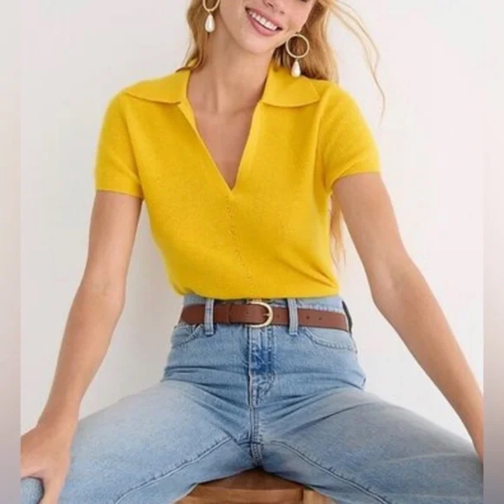 J Crew Yellow Featherweight Cashmere Collared Short Sleeve Sweater - M